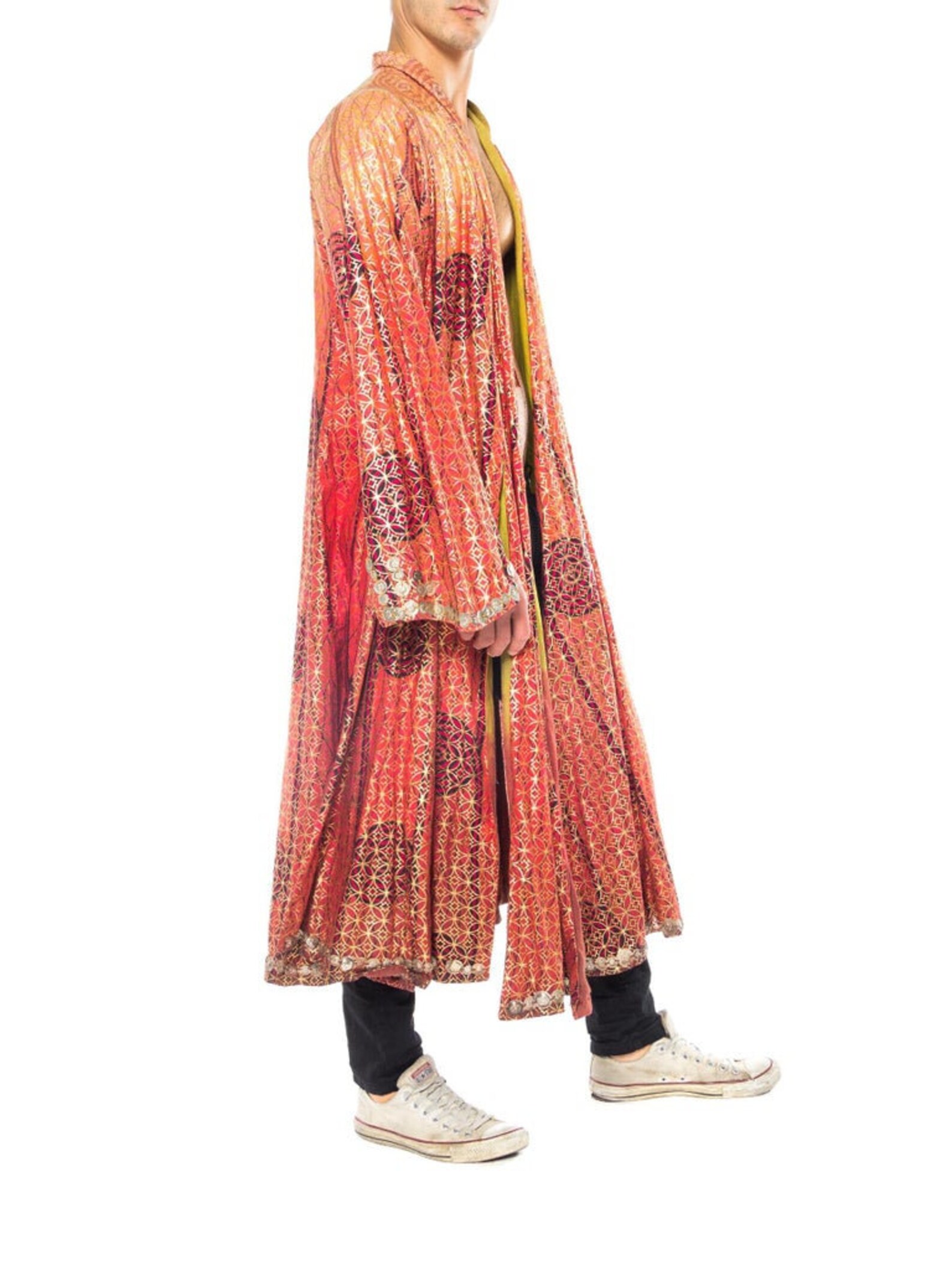 1960S Gold Hand Printed Cotton Blend Full Length Metallic Robe ...