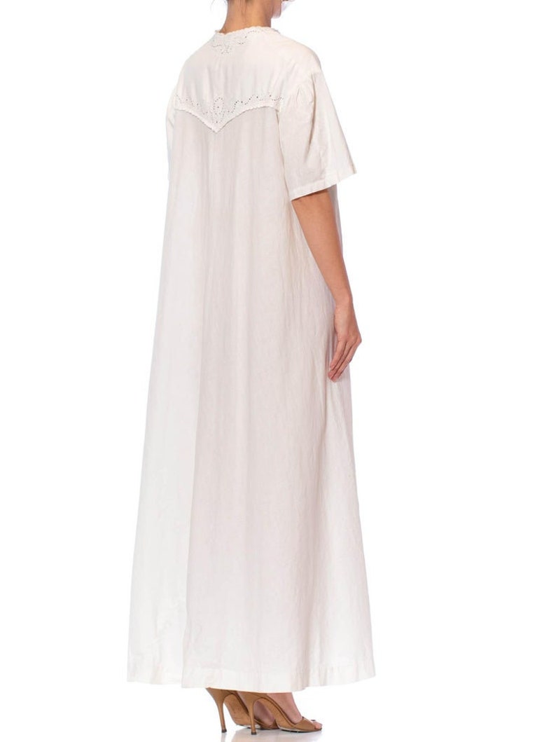 Victorian Off White Hand Embroidered Organic Linen Short Sleeve Nightgown Duster Dress image 3