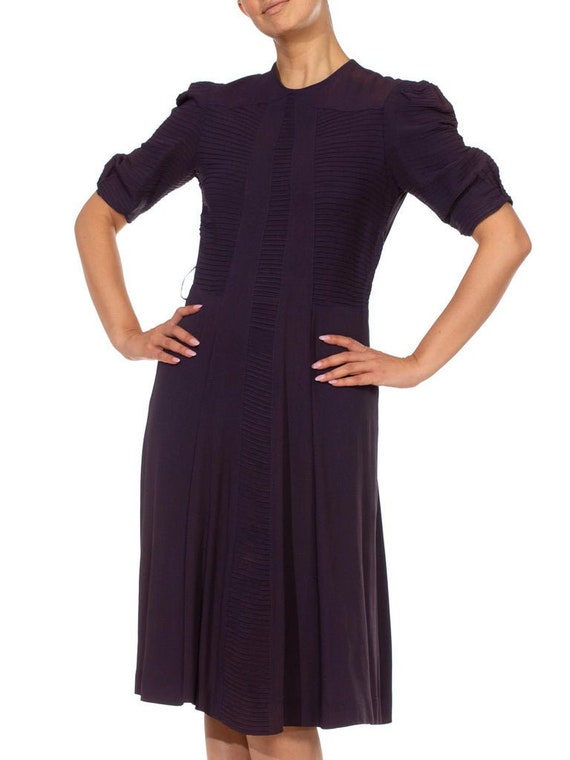 1940S Purple Rayon Blend Crepe Short Sleeve  Dress