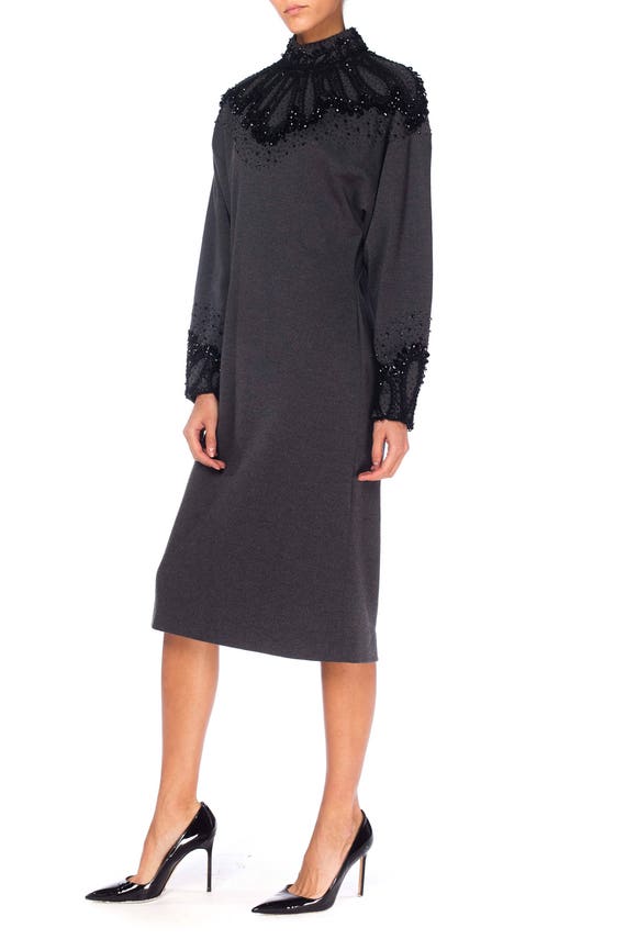 1980S Dark Grey Wool Knit Turtleneck  Dress With … - image 3