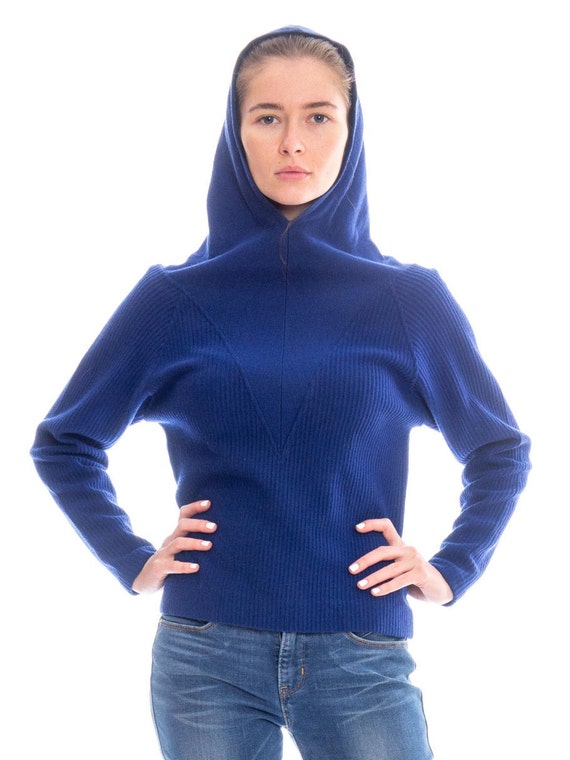 1950S Sapphire Blue Wool Ribbed Hooded Sweater