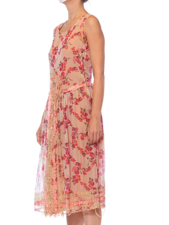 1920S  Pink Floral Silk Chiffon Fully Lined Dress… - image 5