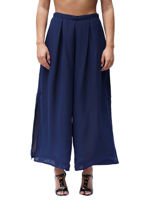 1970s Navy Blue Polyester Chiffon Pants