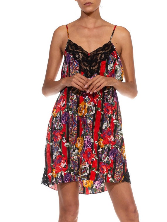 1990S Black  Red Floral Rayon Silk Lace Slip Dress - image 5
