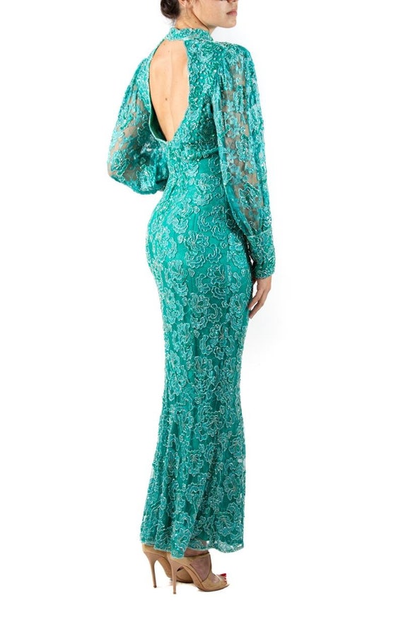 1980S Teal Beaded Rayon Lace Gown With Sleeves - image 4