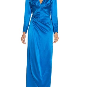 1980S Givenchy Electric Blue Haute Couture Silk Double Faced Satin Sleeved Gown With Slit Sash image 2