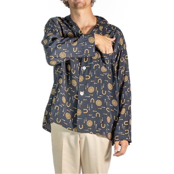 1940S Navy Blue  Yellow Rayon Mens Pajamas - image 5
