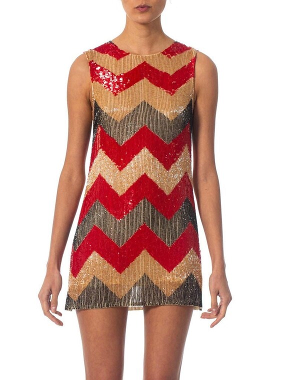 1990S Silk Chiffon Red & Black Beaded Chevron Micr