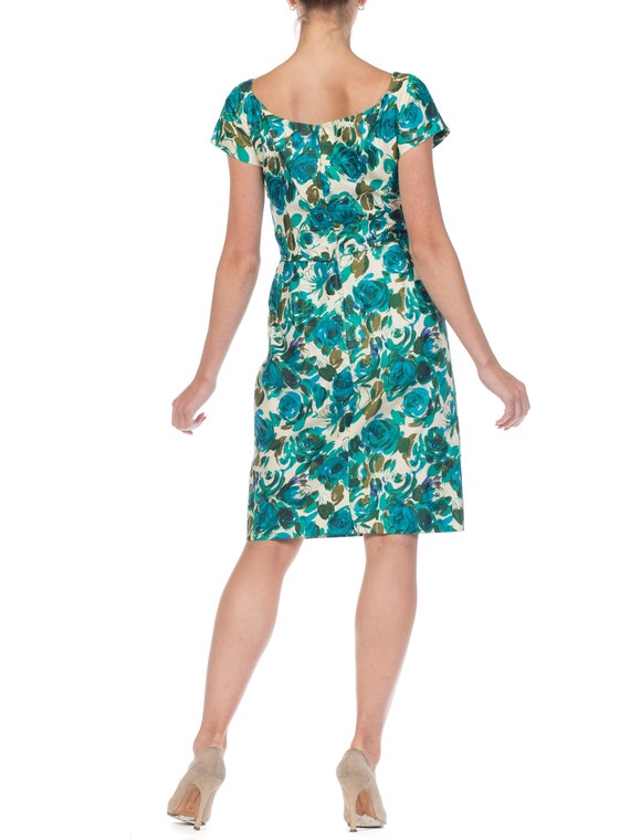 1950S Teal Floral Print Cotton Draped Bodice Dres… - image 6