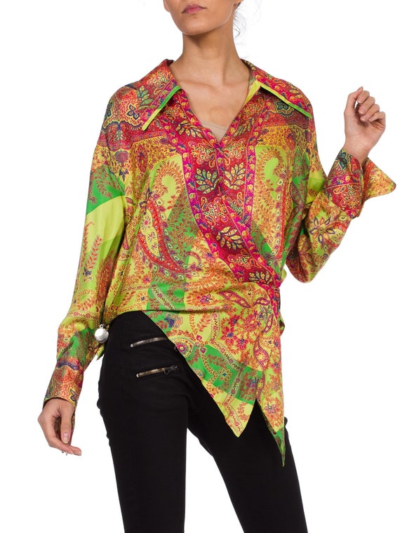 1990S GIANNI VERSACE Paisley Silk Twill Blouse Fro