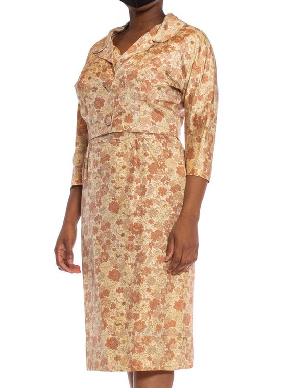 1950S Beige  Brown Silk Indian Floral Print Dress… - image 7