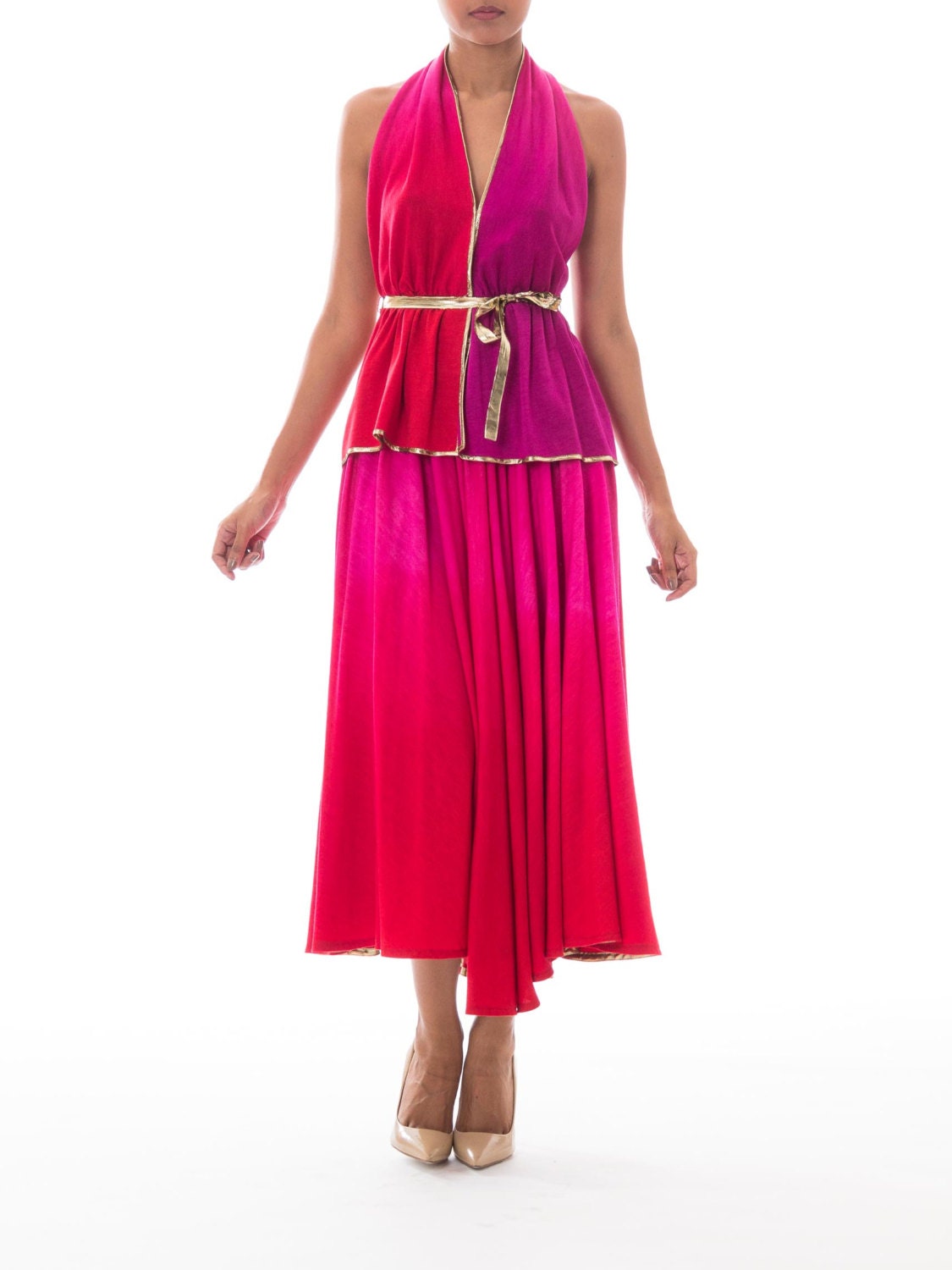 1970S Giorgio Sant'angelo Pink & Purple Wool Jersey Ombré Dyed Halter Top Skirt Gown Ensemble With Gold Lurex Trim