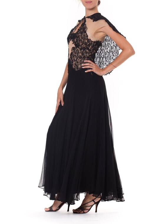 1930S Black & Nude Silk Chiffon Lace Gown With At… - image 2