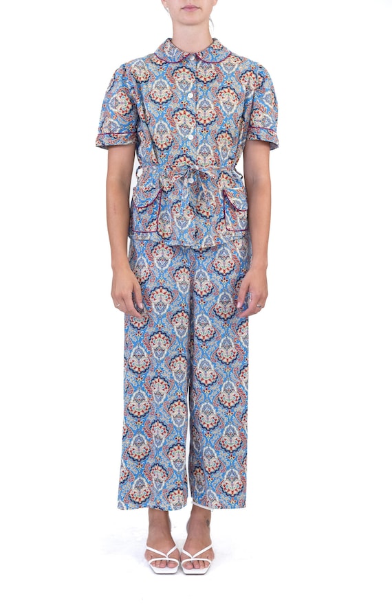1940S Blue Cold Rayon Paisley Pajamas