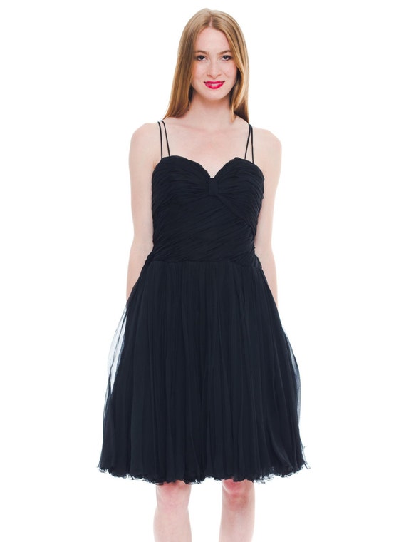 1950s Bob BUGNAND Black Silk Chiffon Draped Bodice & Swing Skirt Cocktail Dress with Cape Train