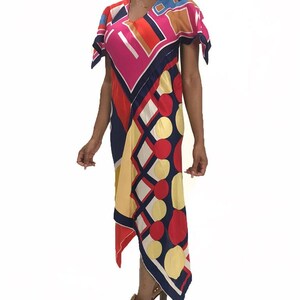 MORPHEW COLLECTION Pink & Blue Silk Poly Bias Cut Scarf Kaftan Dress Made From 1970'S Geometric Scarves image 6
