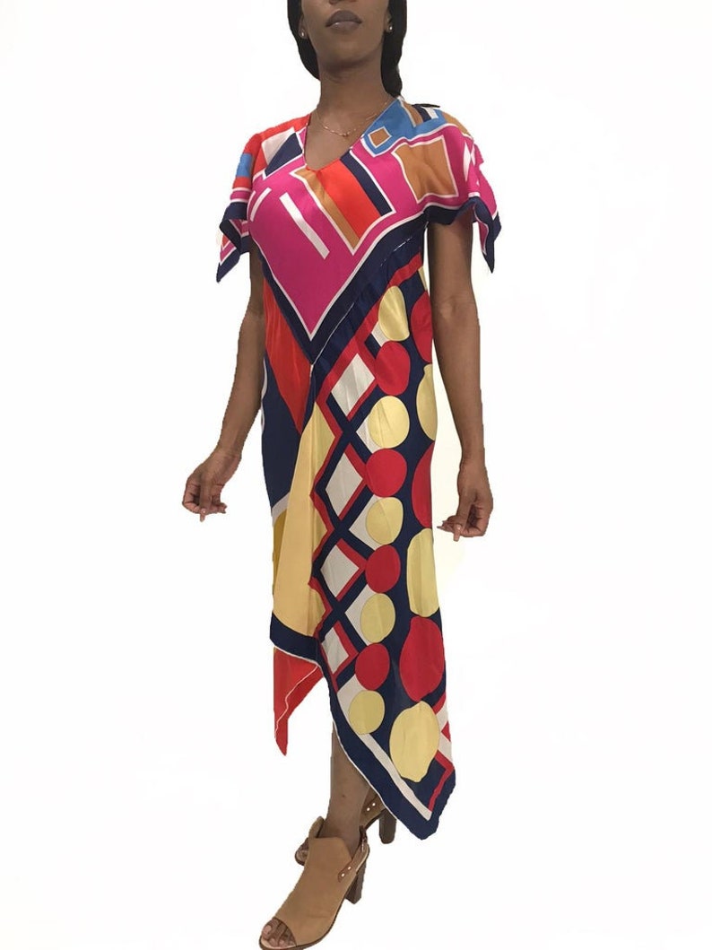 MORPHEW COLLECTION Pink & Blue Silk Poly Bias Cut Scarf Kaftan Dress Made From 1970'S Geometric Scarves image 6