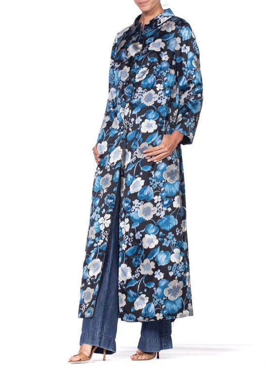 1950S Black & Blue Couture Grade Floral Silk Sati… - image 3