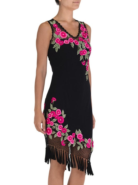 1990S Black Dress With Pink Embroidered Flower De… - image 4