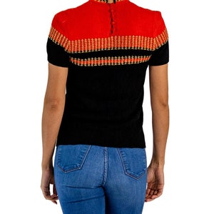 1940S Black Red Rayon Hand Knit Top With Metallic Gold Details image 4