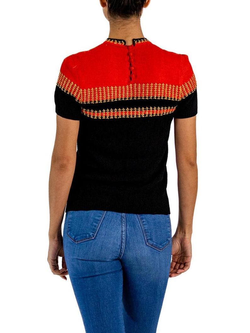 1940S Black Red Rayon Hand Knit Top With Metallic Gold Details image 4