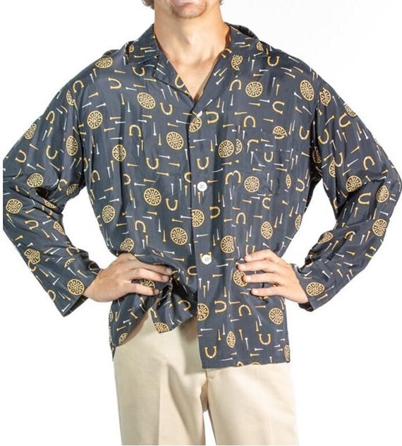 1940S Navy Blue  Yellow Rayon Mens Pajamas - image 1