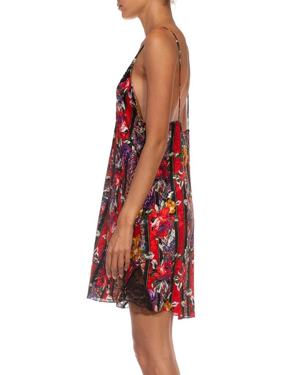 1990S Black  Red Floral Rayon Silk Lace Slip Dress - image 2