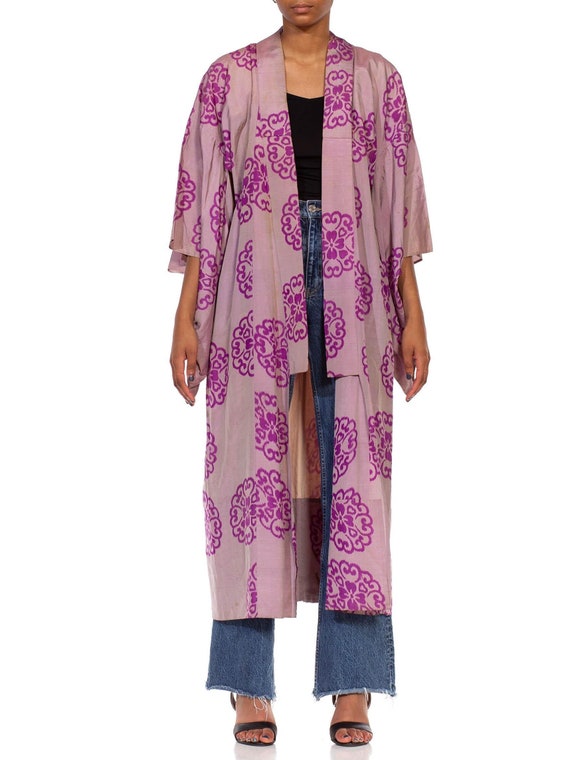 1930S Grey & Purple Hand Woven Silk Ikat Kimono