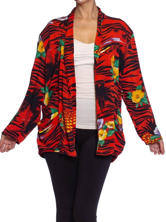 1970S Red Rayon Tropical Print Oversized Jacket - image 8