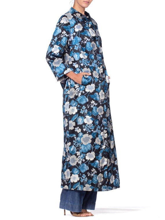 1950S Black & Blue Couture Grade Floral Silk Sati… - image 4