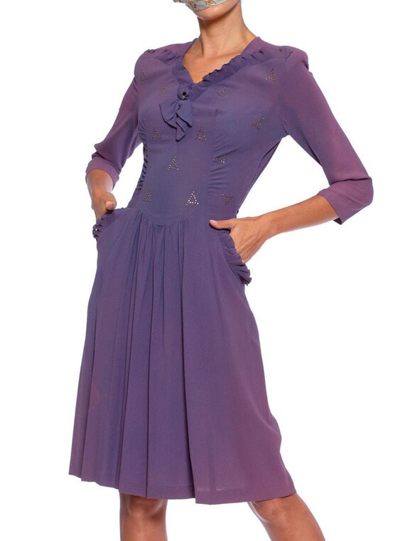 1940S Purple Rayon Blend Crepe Silver Studded Dre… - image 5