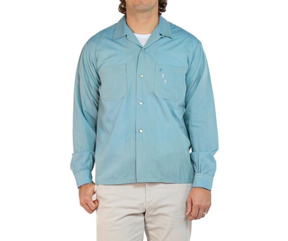 1950s Seafoam Green Cotton Blend Men's Long Sleeved Shirt with Hand-Embroidered Knights