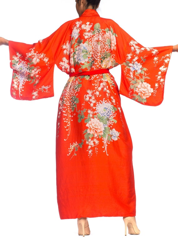 1960S Red Chrysanthemum Print Japanese Silk Kimono