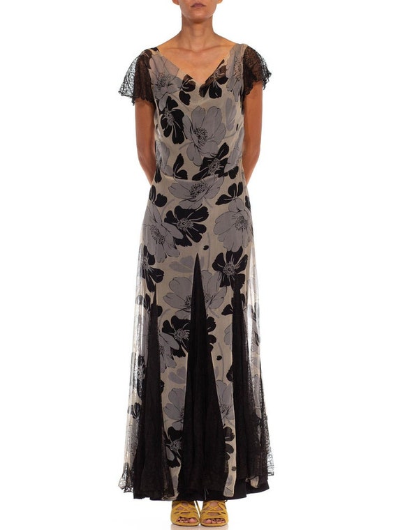 1930S Grey  Black Silk Chiffon Floral Dress - image 6