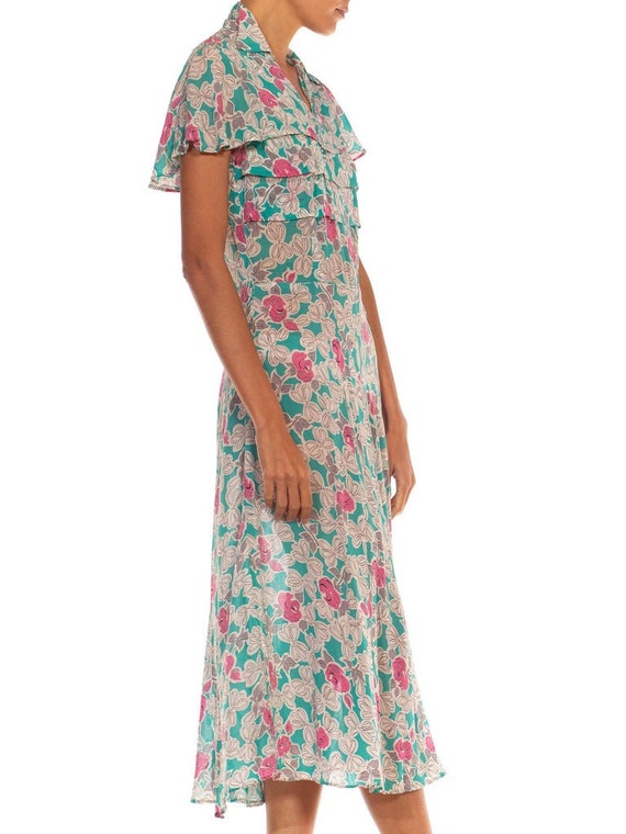 1940S Teal  White Floral Print Rayon Chiffon Dress - image 3