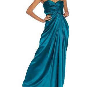 1980S Yves Saint Laurent Teal Haute Couture Silk Satin Draped Strpless Gown image 7