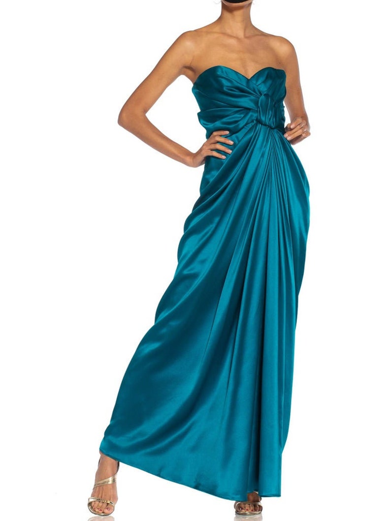 1980S Yves Saint Laurent Teal Haute Couture Silk Satin Draped Strpless Gown 画像 7