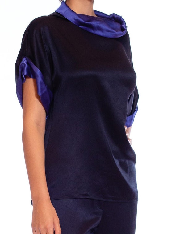 1990S Escada Black  Blue Silk Satin Loose Top Pan… - image 10