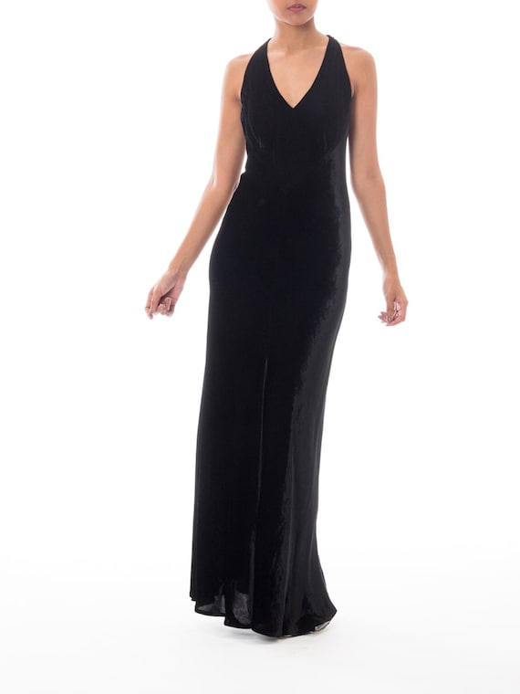 1990S DONNA KARAN Black Bias Cut Rayon & Silk Velv