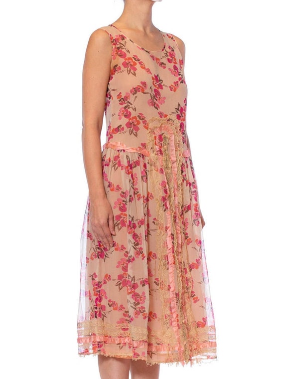 1920s Pink Floral Silk Chiffon Fully Lined Dress with Lace & Ribbon Ruffles Small Roses
