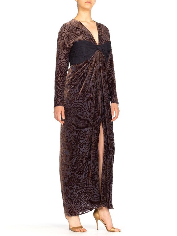 1970s Oscar de La Renta Silk Burnout Velvet & Draped Chiffon Gown with Sleeves