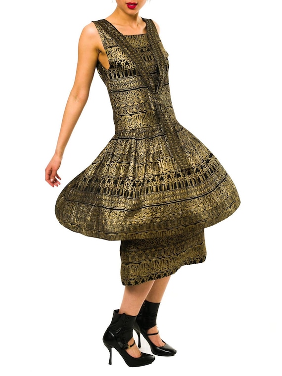 1920S Black Gold Lam Egyptian Pattern Dropped Waist Cocktail Dress