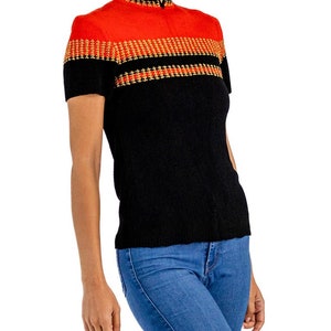 1940S Black Red Rayon Hand Knit Top With Metallic Gold Details image 3