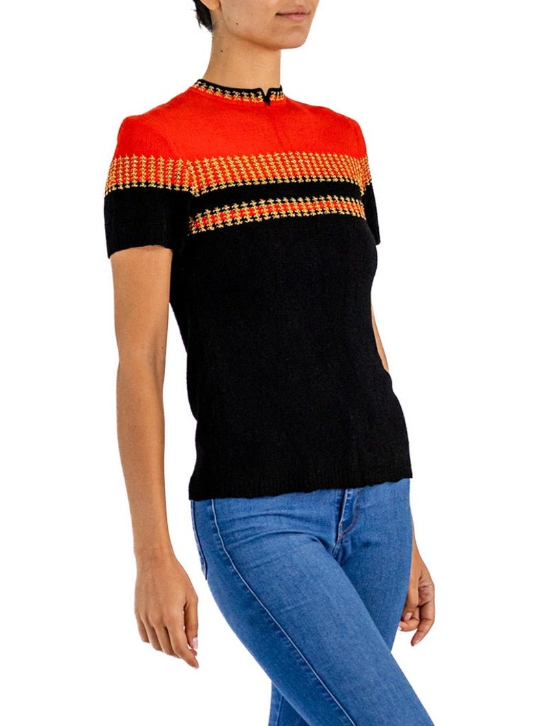 1940S Black Red Rayon Hand Knit Top With Metallic Gold Details image 3