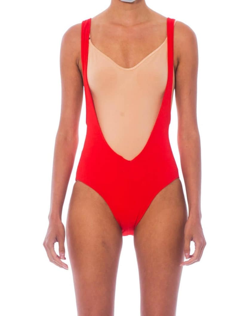 1980S Orange Terry Cloth Deep V Swimsuit Bodysuit image 1