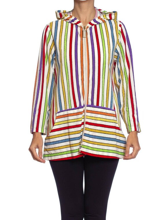 1960S Rainbow Striped Cotton Blend Terry Cloth Zip