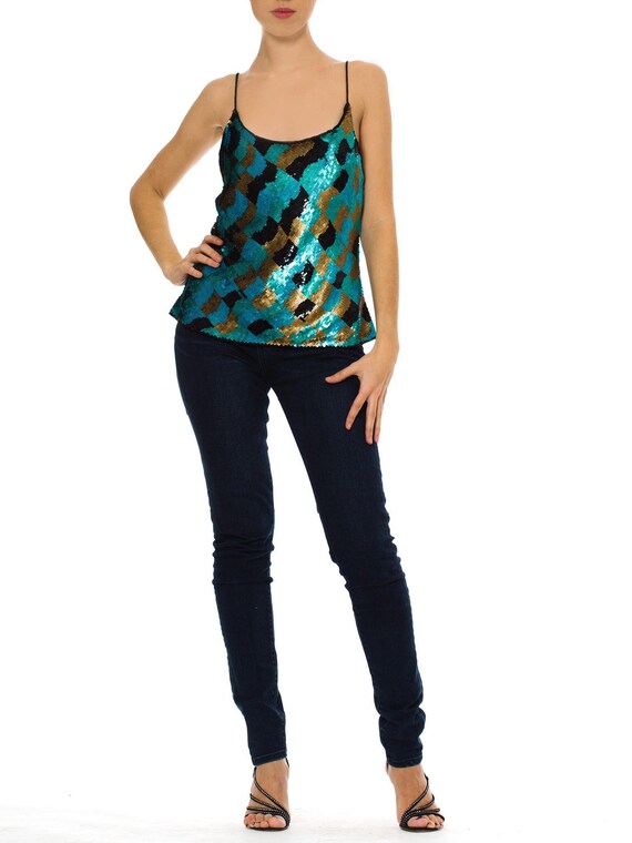 1990S Teal Bias Cut Silk Geometric Sequined Camiso
