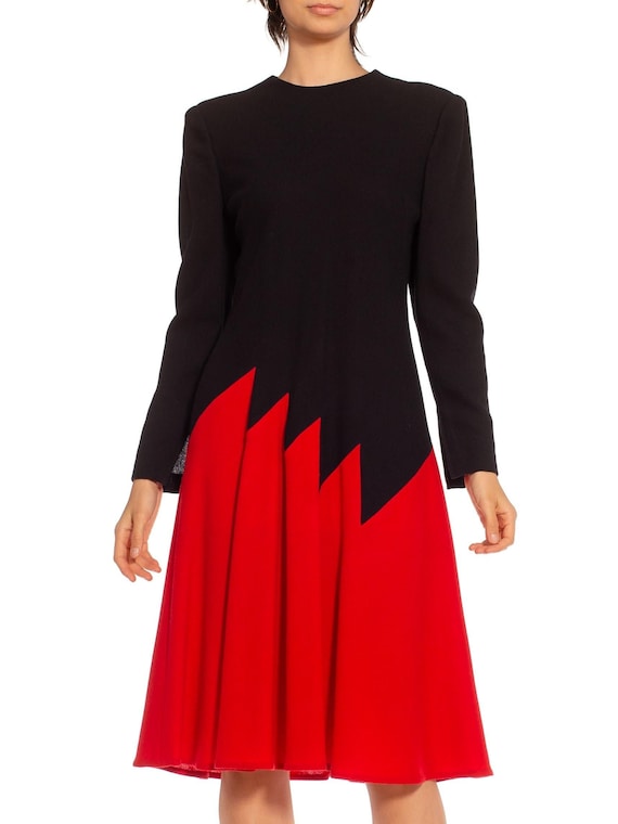 1980S Galanos Red & Black Long Sleeved Dress - image 1