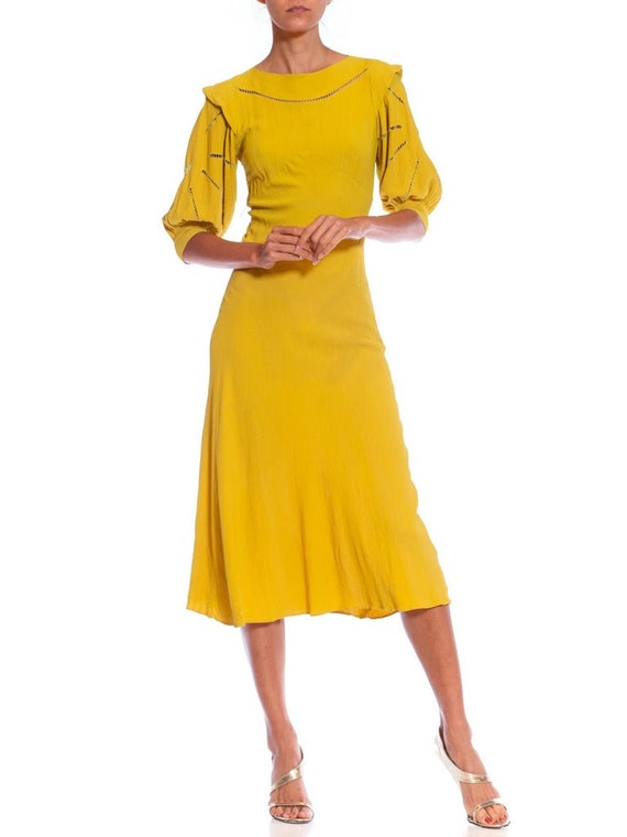 1930S Lime Green Bias Cut Rayon Crepe Sleeved Gown - image 4