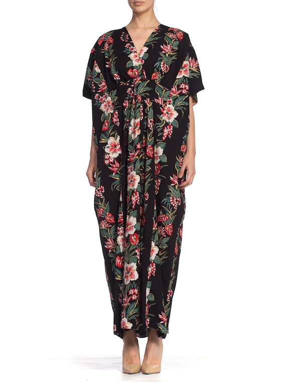 1970S Black & Red Cotton Tropical Floral Hawaiian